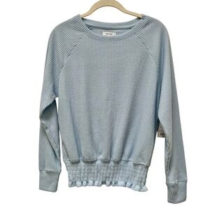 Nine‎ West Womens Small Blue Ribbed Raglan Sleeve Smocked Hem Pullover Sweater